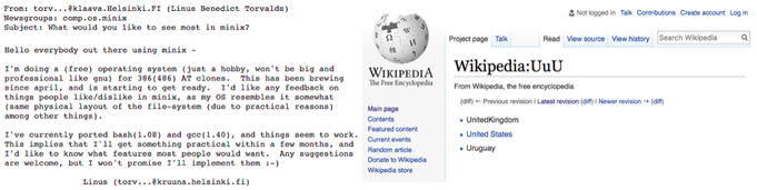 1991: Linus Torvalds’ forum (post) announcing Linux; 2001: the first Wikipedia (page)